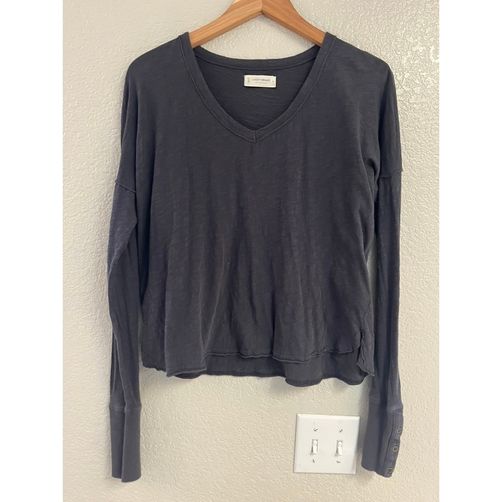 Lucky Brand Womens Charcoal Grey Cotton Slub V-Neck Long Sleeve Top Size S